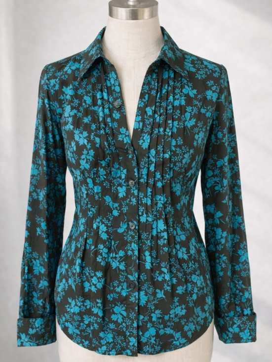 Eddie Bauer Tops - Eddie Bauer Teal Charcoal Floral Pintuck Button‑Down Shirt | Size Medium